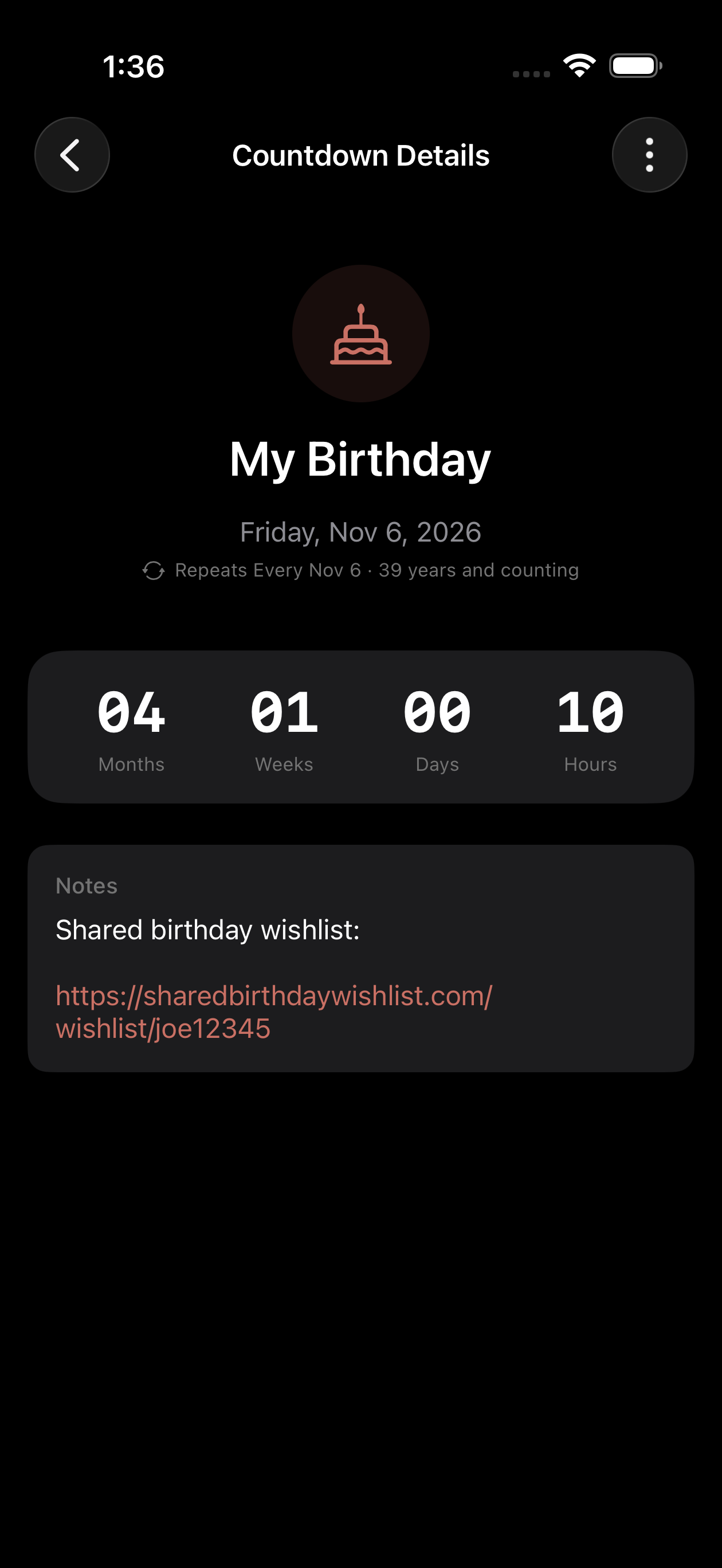 Countdowns app main screen