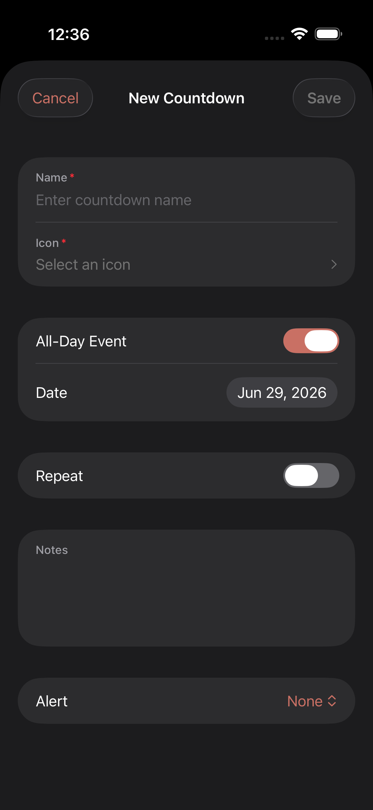 Countdowns app settings screen