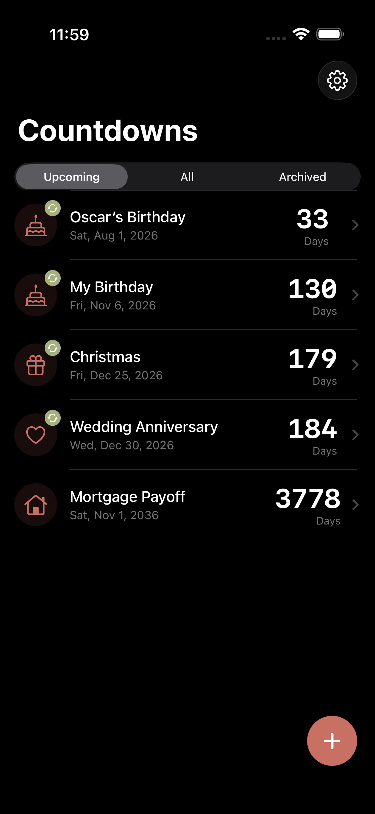 Countdowns app main screen